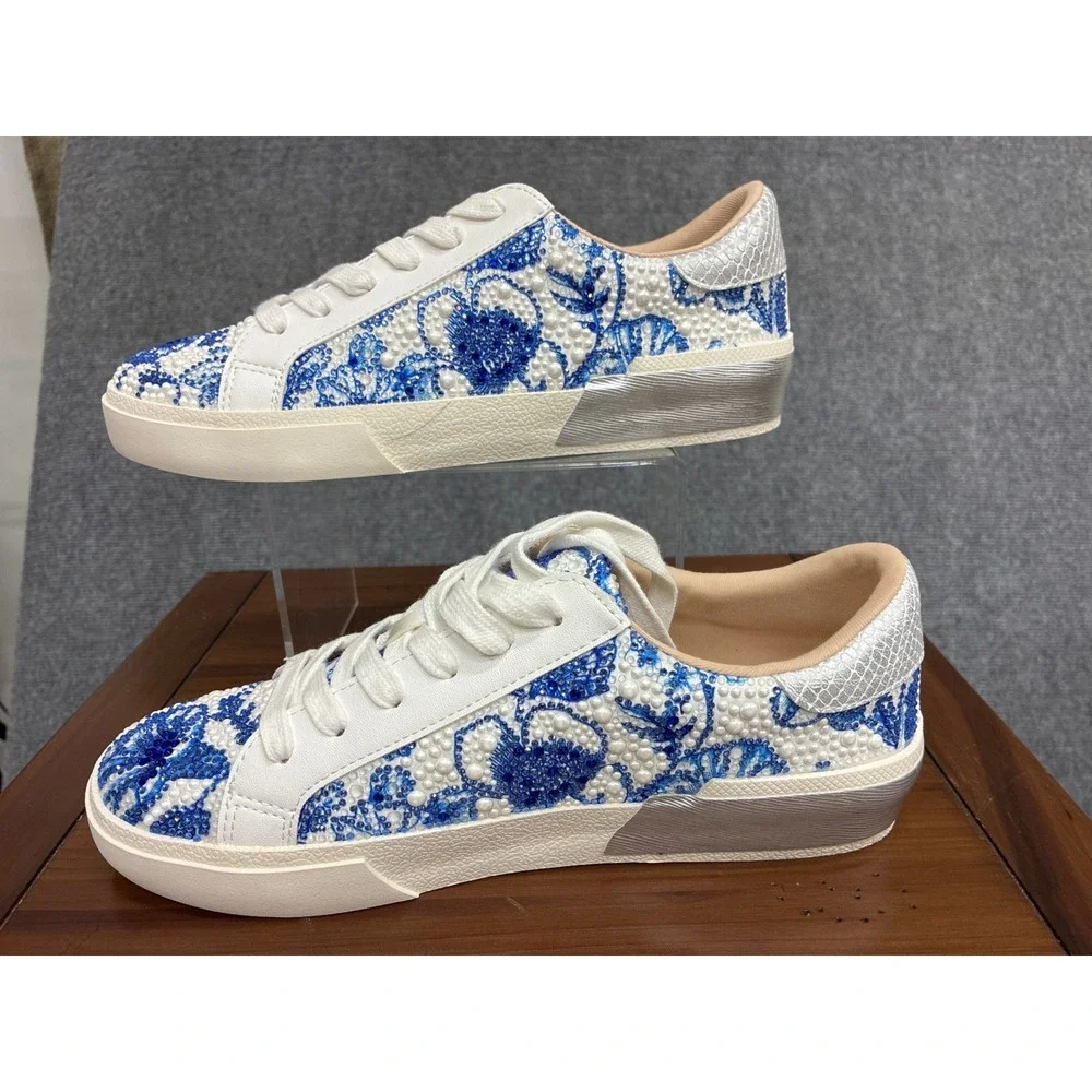 Betsey Johnson SB-DAMON Blue Floral Crystal Pearl Embellished Sneakers 7.5 NEW